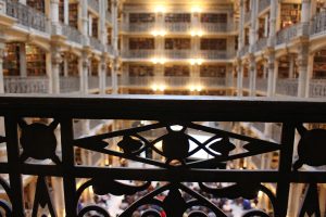 view of peabody library through a railing